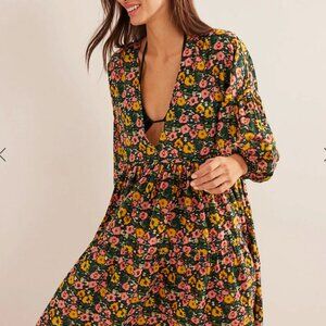Boden relaxed tier mini dress, floral, pink, green, yellow, size 14